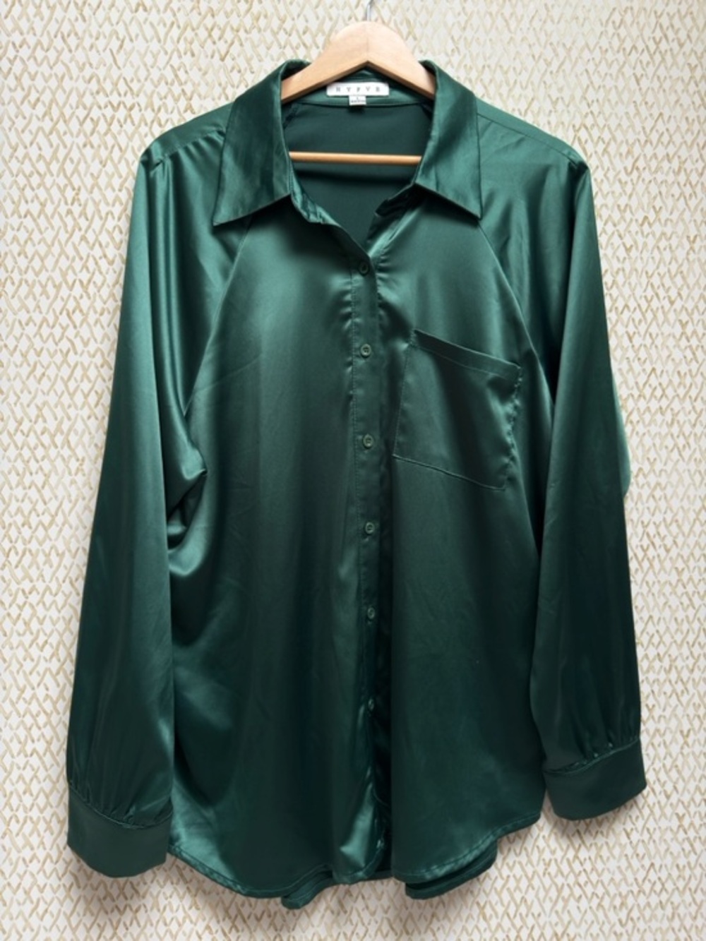 HYFVE Satin Button Down Shirt Forest Green Oversized Silky Blouse Size L